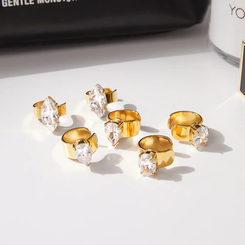 J&D Large Zircon Cuff Earring for Women Real Gold Plated Tassel Luxury Solitaire Cuff Earring