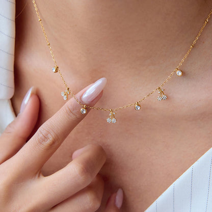 J&D Classic Jewelry 18K Gold Stainless Steel Dainty Necklaces Women Rhinestone Cherry Charms Necklaces