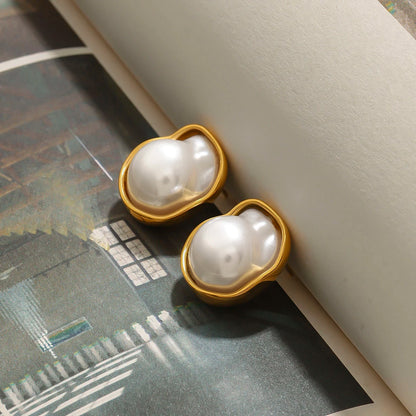 J&D Ladies 18K Gold Stainless Steel Resin High Bright Shell Pearl Shaped Stud Earrings Elegant Style