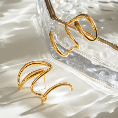 J&D 18k Gold Stainless Steel Design-Inspired Twisted Line Earrings Left and Right Pair Unique Accessory