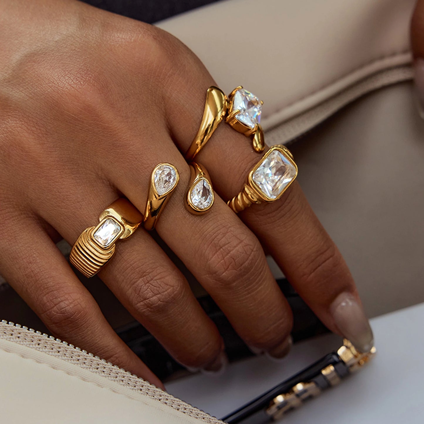 J&D 18K PVD Gold Plate Stainless Steel Rings Trendy Waterproof Delicate Zircon Adjustable Ring