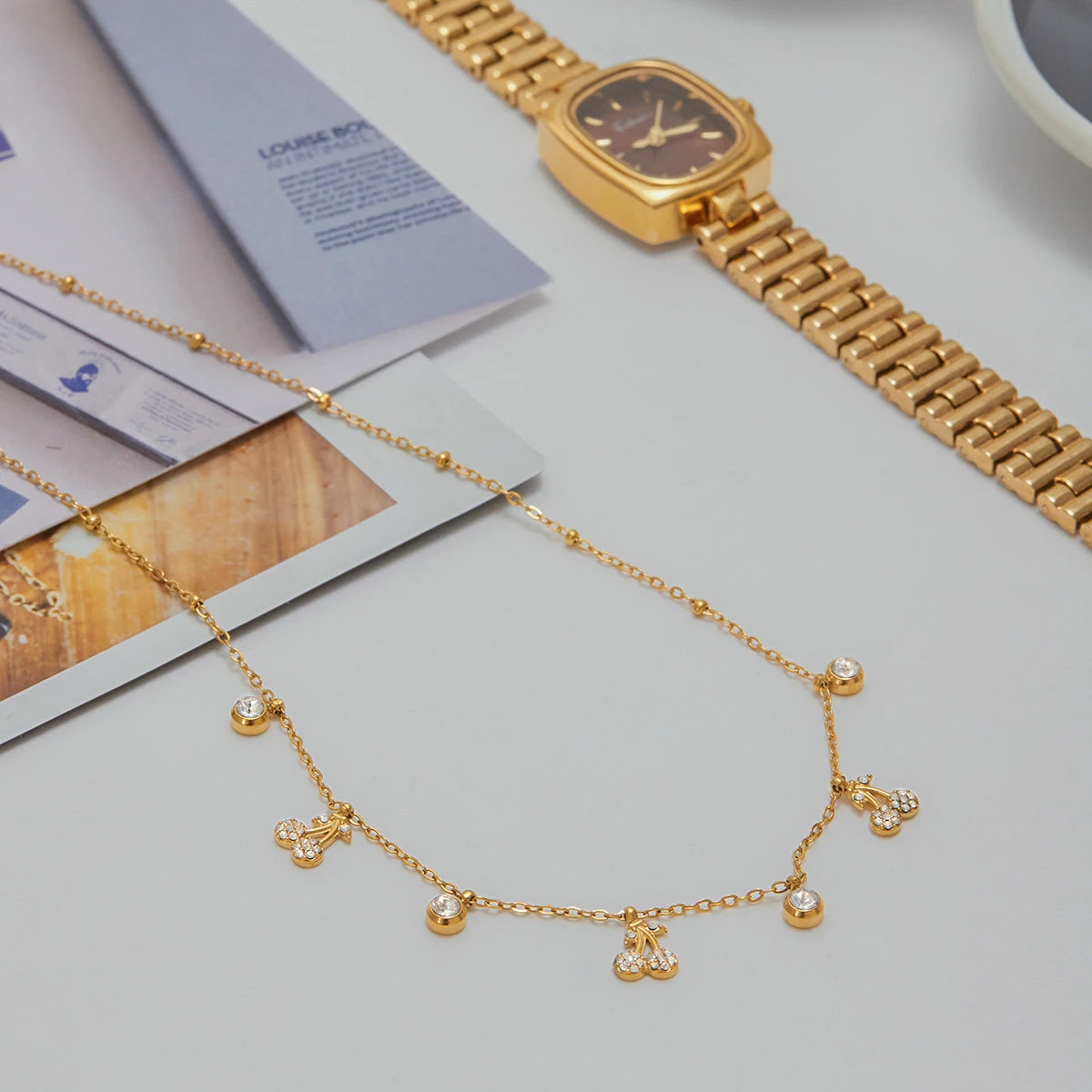 J&D Classic Jewelry 18K Gold Stainless Steel Dainty Necklaces Women Rhinestone Cherry Charms Necklaces