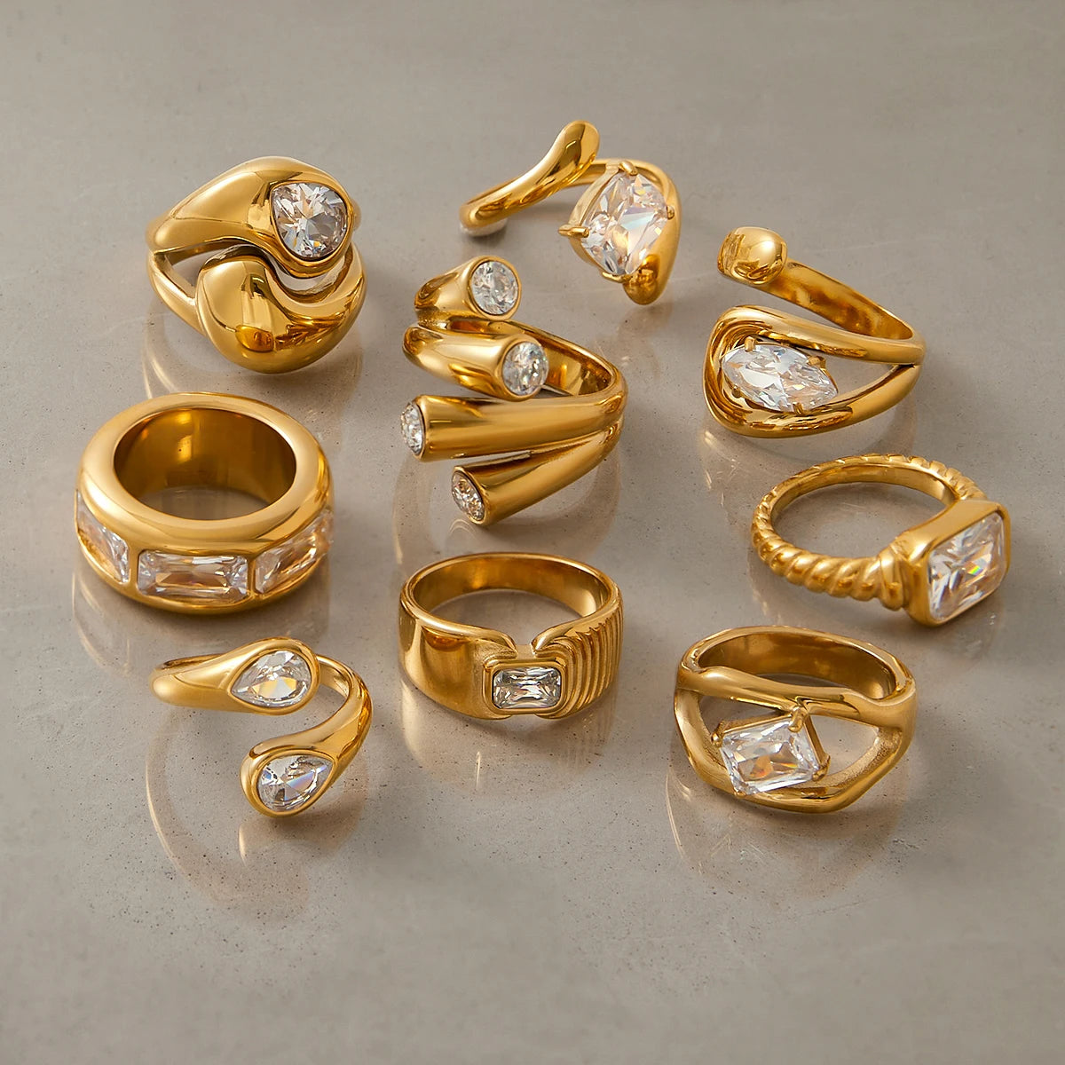 J&D 18K PVD Gold Plate Stainless Steel Rings Trendy Waterproof Delicate Zircon Adjustable Ring