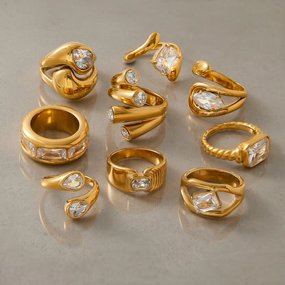 J&D 18K PVD Gold Plate Stainless Steel Rings Trendy Waterproof Delicate Zircon Adjustable Ring