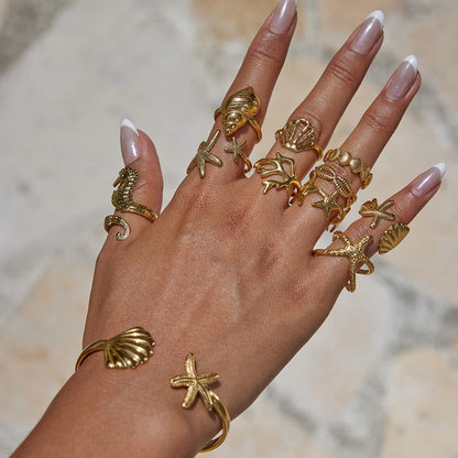 J&D Women's Coastal Rings Set 18K Gold Plated Open Shell Coral Starfish Adjustable Stackable Minimalist Rings Ocean Jewelry