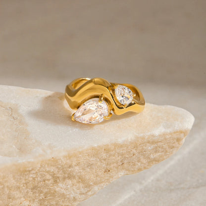 J&D Fashion Jewelry 18k Gold Plated Stainless Steel Two Zircon Undulating Band Ring Wave Women