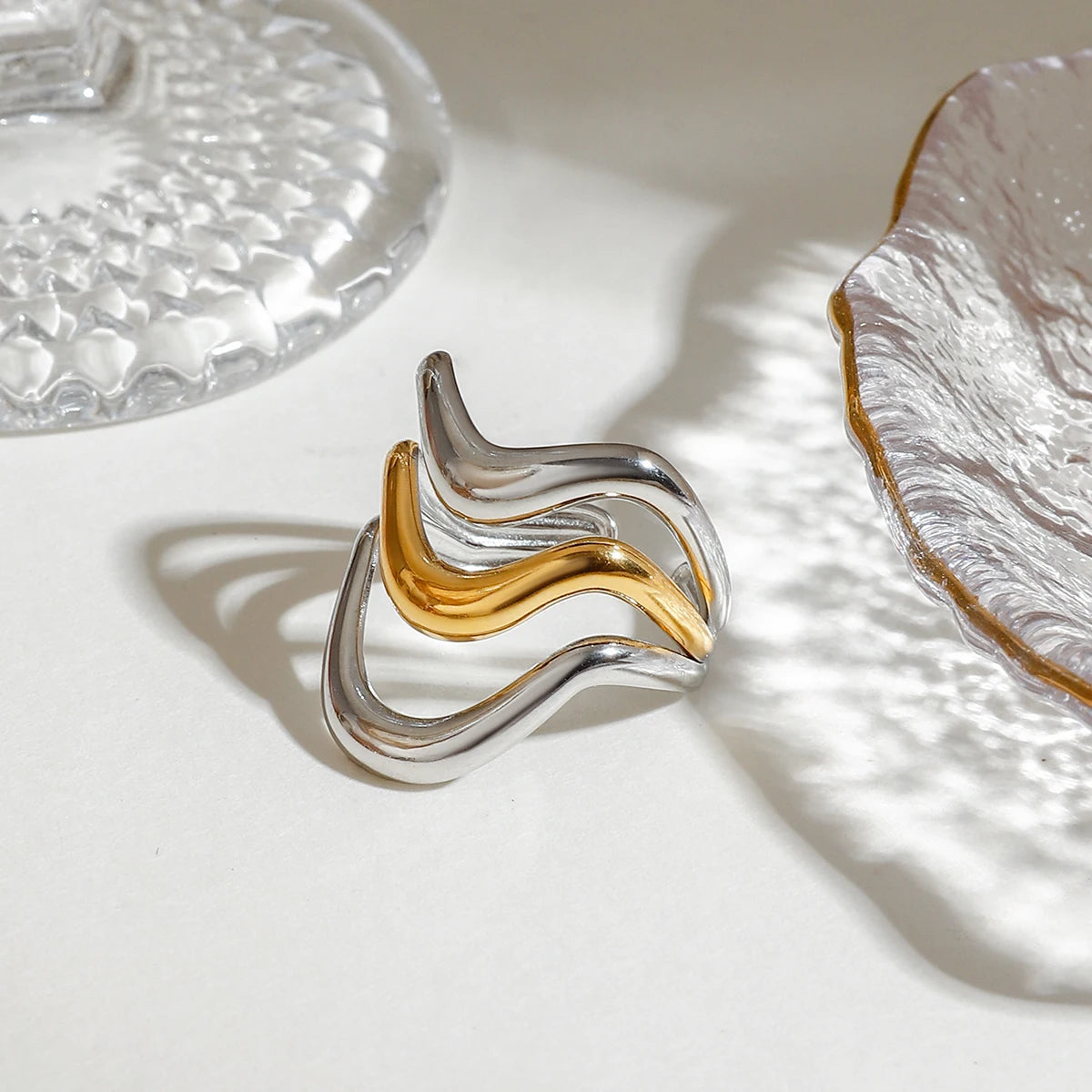 J&D 18k Gold Stainless Steel Adjustable Ripple Wave Cutout Open Ring Trendy Irregular Hollowed Minimalist Style