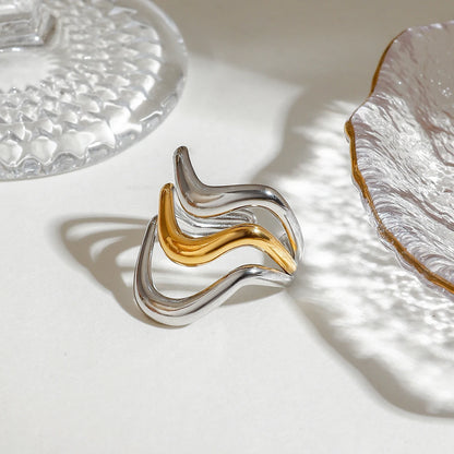 J&D 18k Gold Stainless Steel Adjustable Ripple Wave Cutout Open Ring Trendy Irregular Hollowed Minimalist Style
