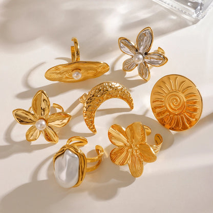 J&D Chunky Luxury Stainless Steel 18K Gold Plated Big Baroque Pearl Moon Sun Floral Irregular Rings