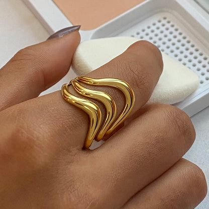J&D 18k Gold Stainless Steel Adjustable Ripple Wave Cutout Open Ring Trendy Irregular Hollowed Minimalist Style