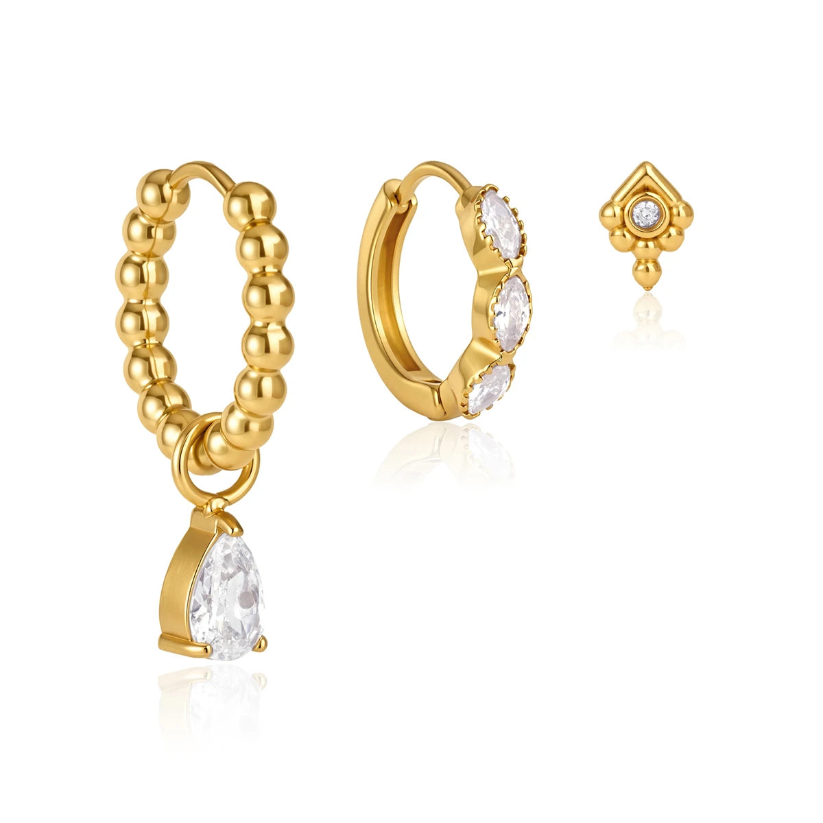 J&D Jewelry Sweet 3-Piece White Zirconia Earring Set 18K Gold PVD Stainless Steel Waterproof Drop Huggie Stud Earrings for Women