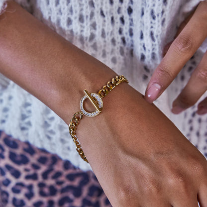 J&D Classic CZ Bracelet 18k Gold Plated Stainless Steel Fashion Wave Zirconia Bracelet Rhinestone OT Buckle Toggle Bracelet