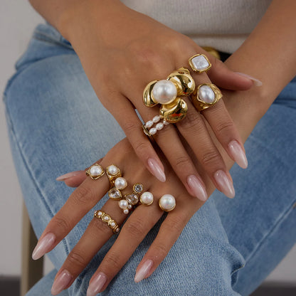 J&D Starfish Ring Stainless Steel Irregular White Zirconia Pearl Floral Accent Open Band Adjustable Ocean Inspired Jewelry