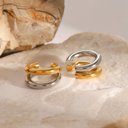 18K PVD Gold Plated Stainless Steel Ear Clips Waterproof Double-layer Two Tone C-shaped Hoop Ear Cuff