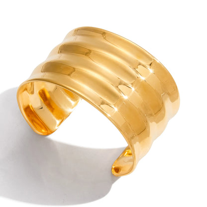 J&D 18K PVD Gold Plate Stainless Steel Bracelet Winter Trendy Minimalist Style Wide Wavy Cuff Bangle