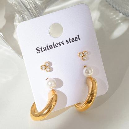 J&D C-Shape Earrings Set 18k Gold Stainless Steel With White Zircon Pearl Everyday Elegance With Textured Finish Gold Plated