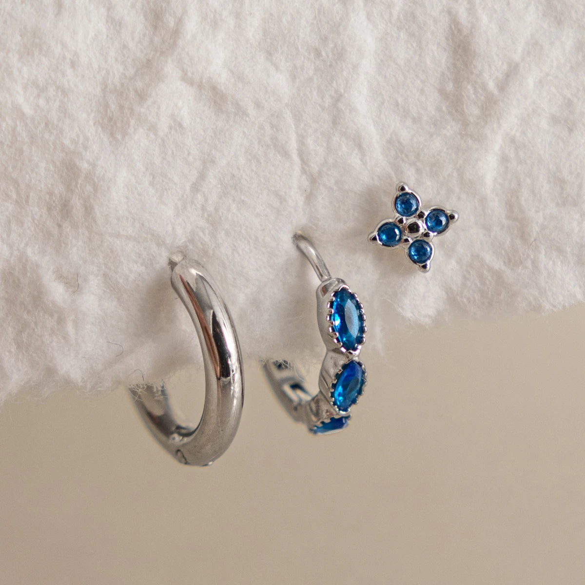 J&D Jewelry Sweet Blue Zirconia Earring Set Silver Color Stainless Steel Waterproof Marquise Hoop & Clover Stud Gift Set