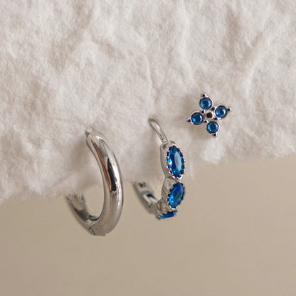J&D Jewelry Sweet Blue Zirconia Earring Set Silver Color Stainless Steel Waterproof Marquise Hoop & Clover Stud Gift Set