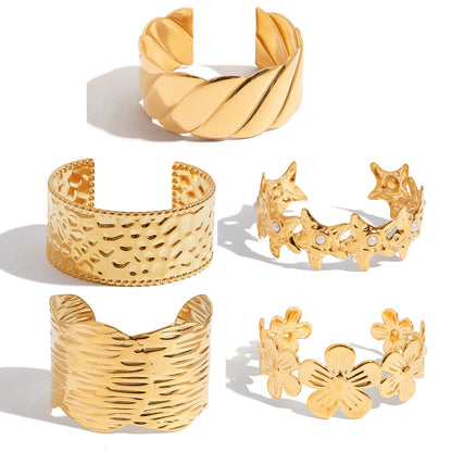 J&D Stackable Jewelry Chunky Bangle 18K Gold PVD Plated Starfish Textured Cuff Bracelet with Glass Pearl for Fashion Women