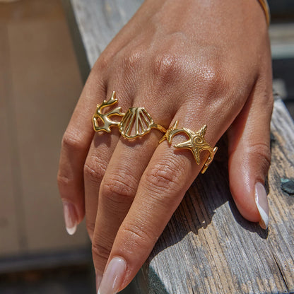 J&D Women's Coastal Rings Set 18K Gold Plated Open Shell Coral Starfish Adjustable Stackable Minimalist Rings Ocean Jewelry