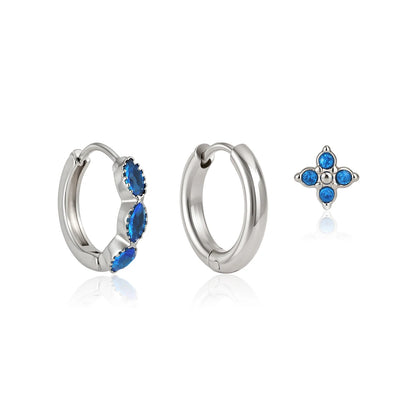 J&D Jewelry Sweet Blue Zirconia Earring Set Silver Color Stainless Steel Waterproof Marquise Hoop & Clover Stud Gift Set