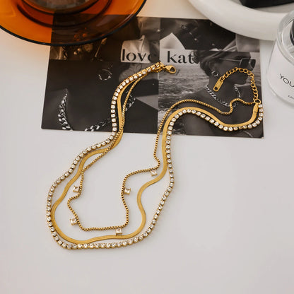J&D Luxury 18K Gold Stainless Steel square Zircon Pendant Rhinestone Chain Blade Chain Multi-layer Necklaces