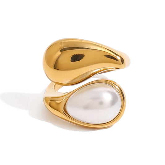 J&D Elegant Style Faux Pearl Drop Ring 18K Gold Stainless Steel Waterdrop Inlaid Minimalist Fashion Open Ring for Women