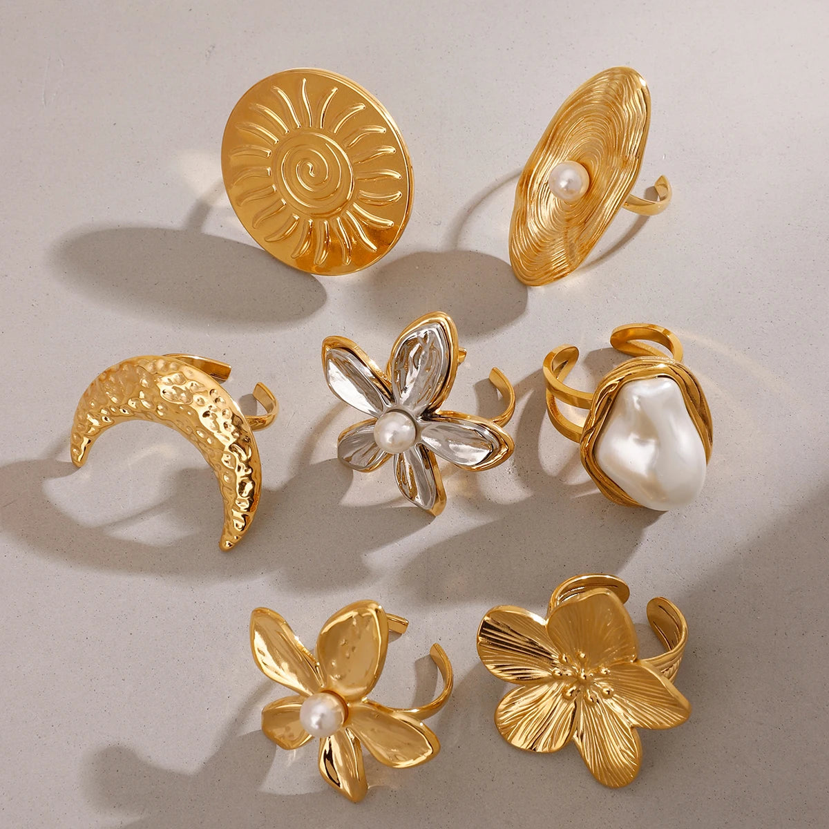 J&D Chunky Luxury Stainless Steel 18K Gold Plated Big Baroque Pearl Moon Sun Floral Irregular Rings