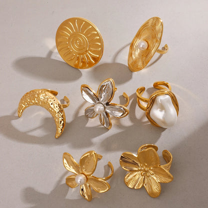 J&D Chunky Luxury Stainless Steel 18K Gold Plated Big Baroque Pearl Moon Sun Floral Irregular Rings