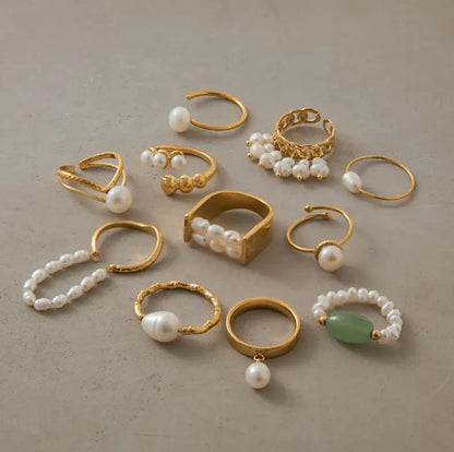 J&D 18K Real Gold Plated Stainless Steel Tarnish Free Waterproof Freshwater Pearl Jade Rings