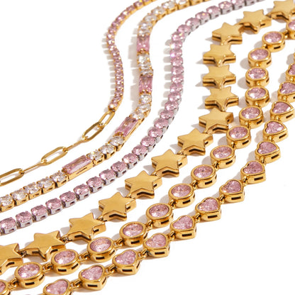 J&D 18K Gold Plate Stainless Steel Bracelet Classic Heart Pink Zircon Watch Strap Chain Tennis Bracelets