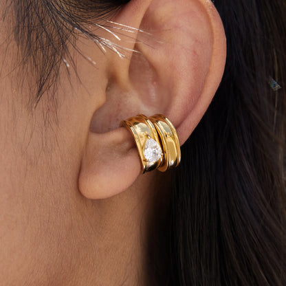 J&D Large Zircon Cuff Earring for Women Real Gold Plated Tassel Luxury Solitaire Cuff Earring