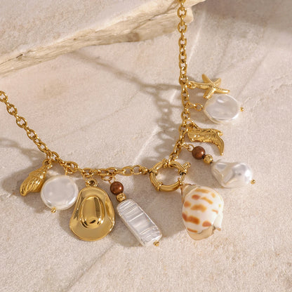 J&D 18K Gold Plating Stainless Steel Heart Shell Ceramic Coral  Starfish Conch Sea  Snail Fish Pearl Shell Ocean Charms Necklace