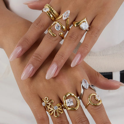 J&D Fashion Dainty Rings With Zircon Hollow Flower O-shaped Geometric Zircon Series Open Rings for Delicate Women
