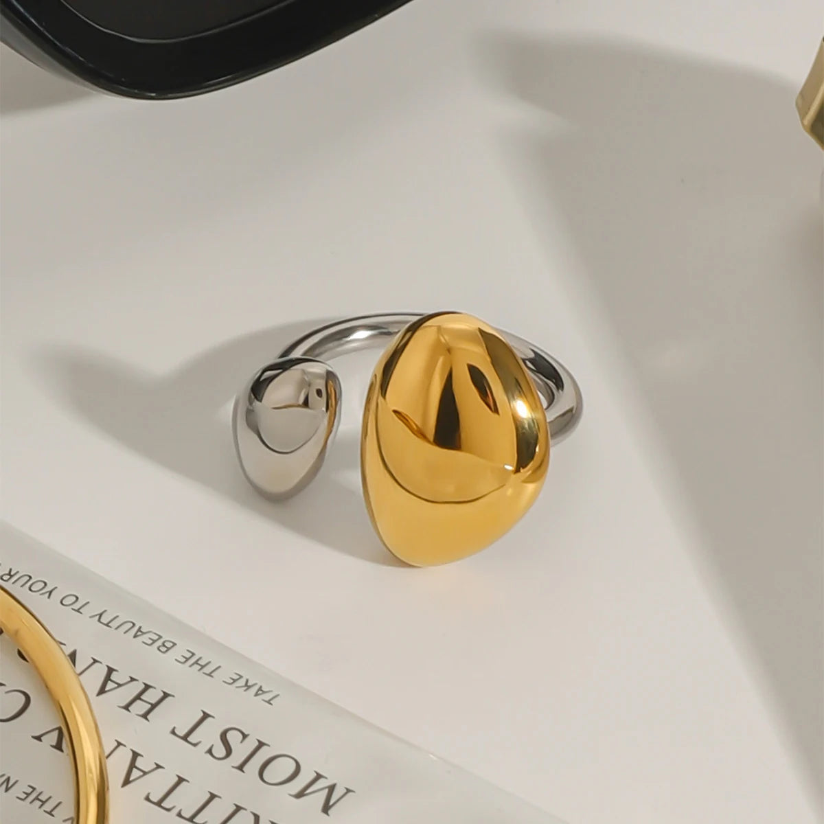 J&D Design Two-tones Ring 18K PVD Gold Plated Stainless Steel  Ring Two Tone Colorblock Cross Asymmetric Open Ring