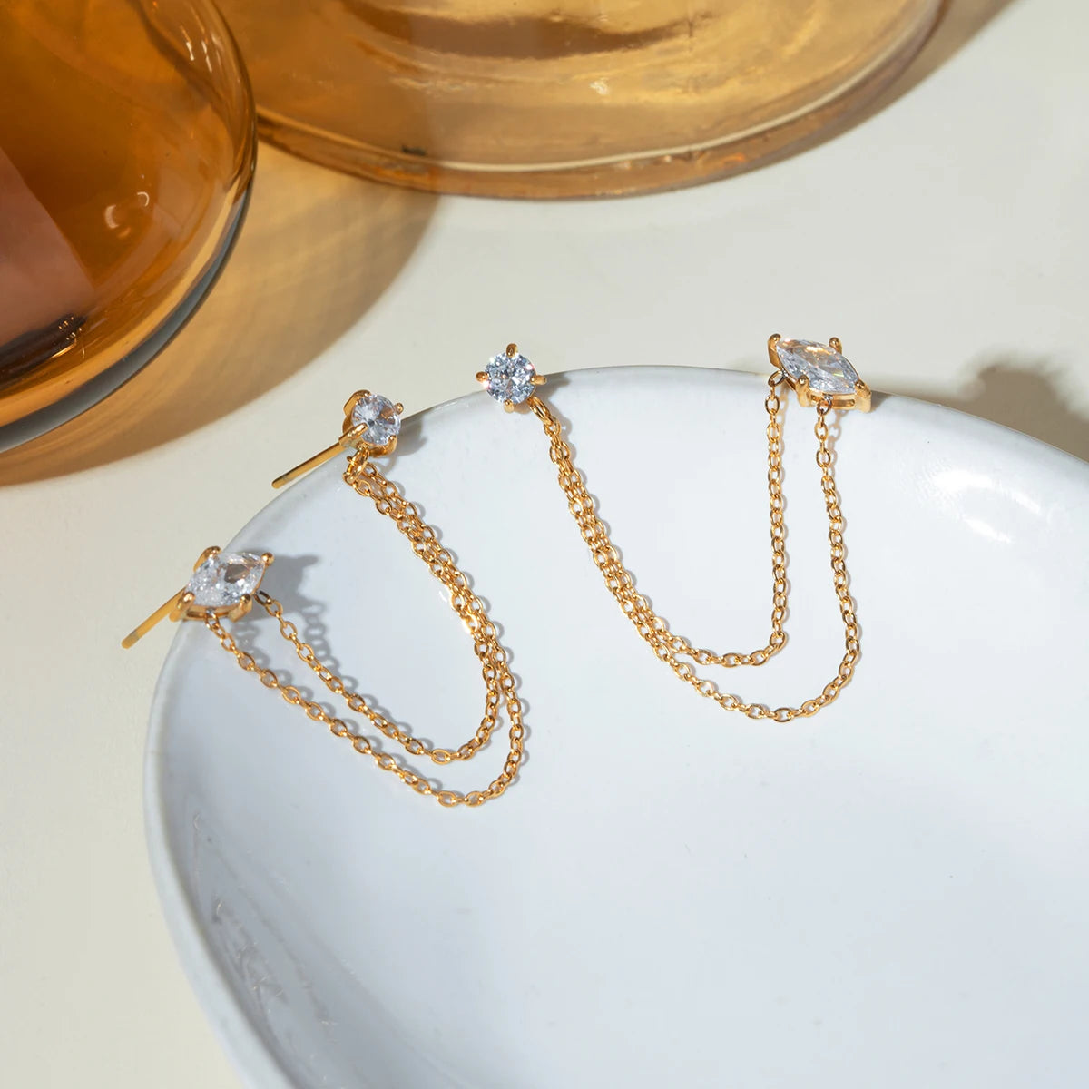 J&D Unique Design Stainless Steel Gold Earrings 18K Women Tassel Round Marquise Zirconia Chain Earrings