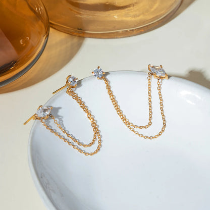J&D Unique Design Stainless Steel Gold Earrings 18K Women Tassel Round Marquise Zirconia Chain Earrings