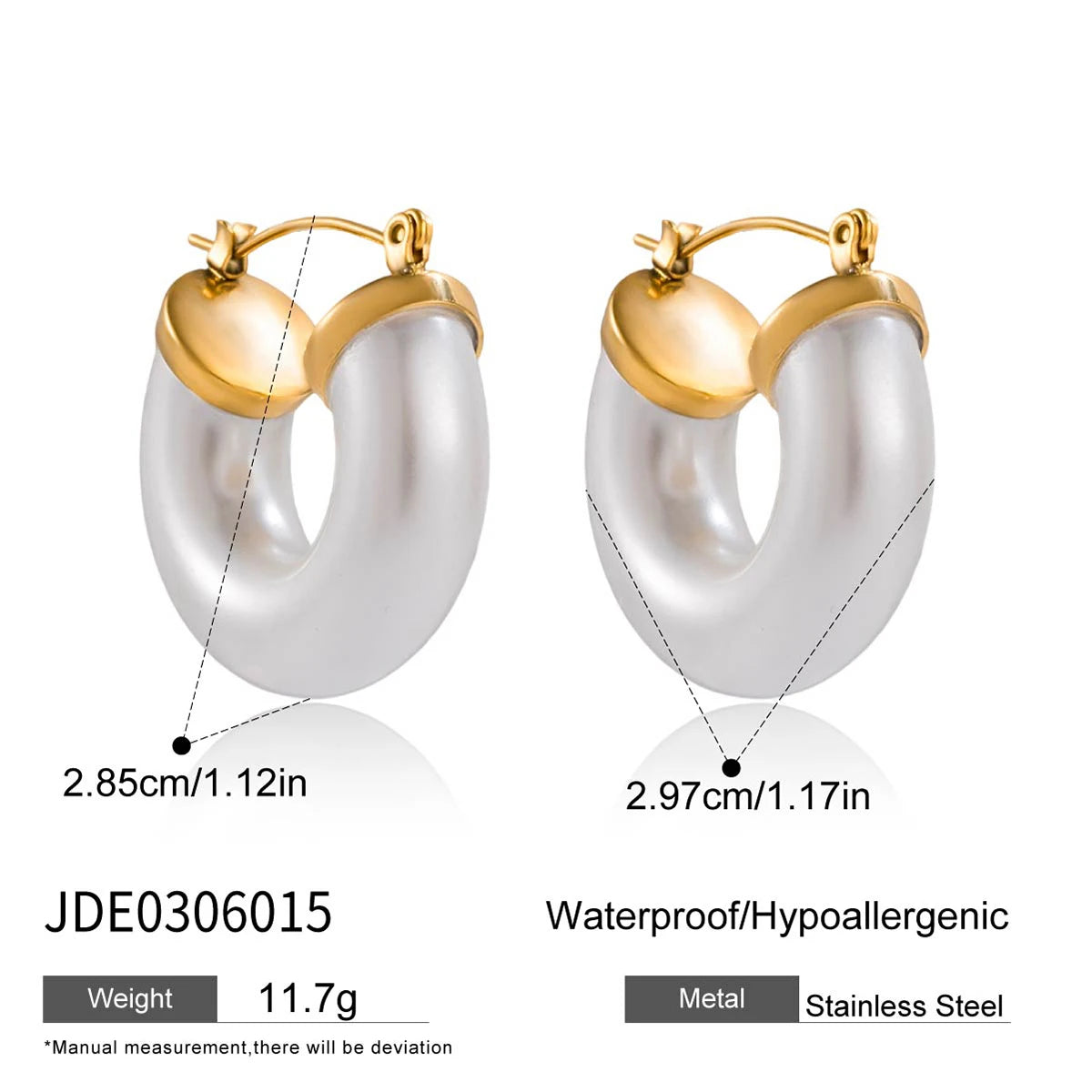 J&D Elegant Classic 18k Gold Stainless Steel Chunky Thread Horseshoe Valentine White Resin Pearl Hoop Earrings