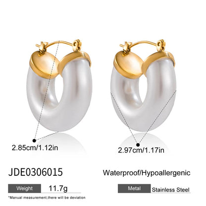 J&D Elegant Classic 18k Gold Stainless Steel Chunky Thread Horseshoe Valentine White Resin Pearl Hoop Earrings