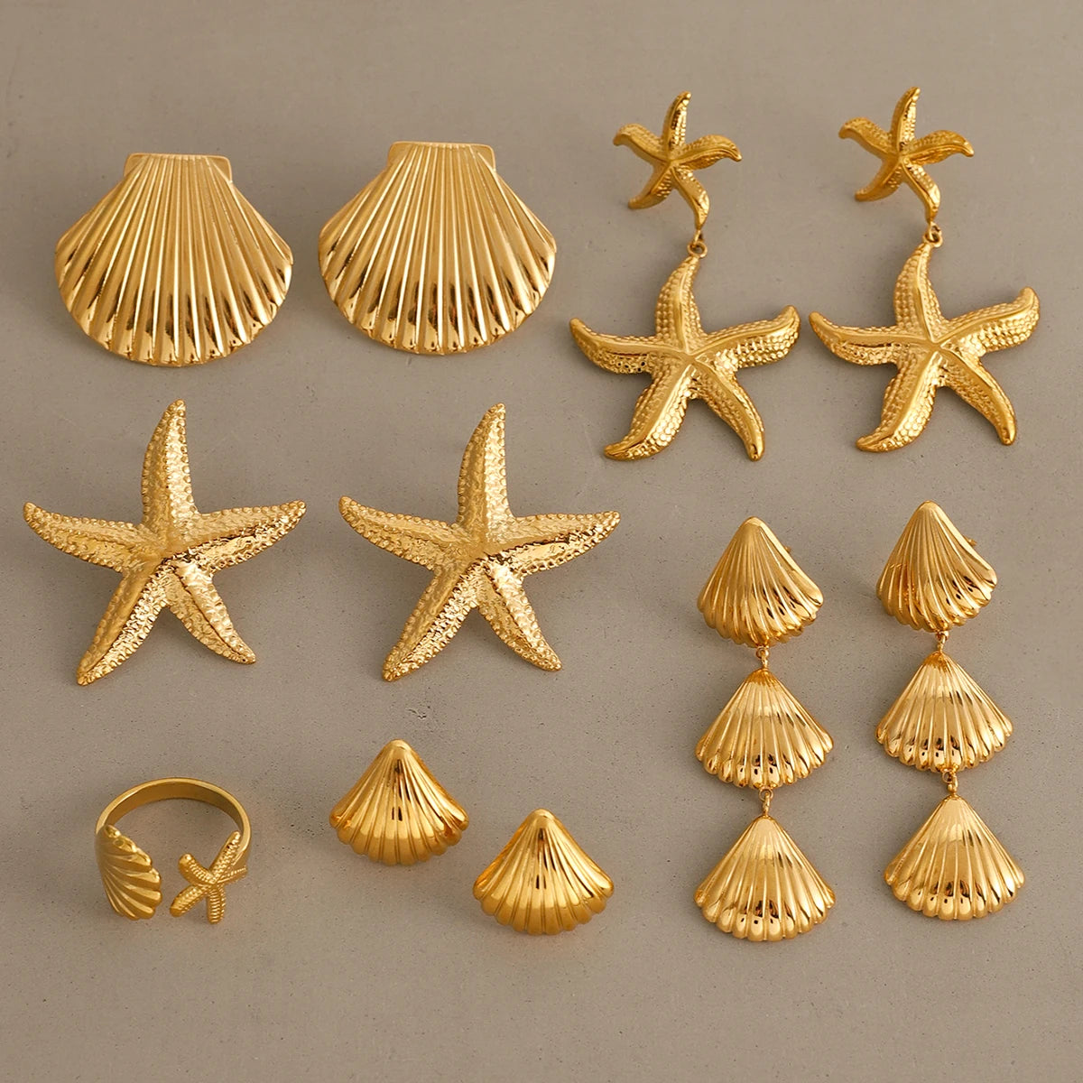 J&D Summer Design Stainless Steel 18K Gold Earrings Textured Shell Starfish Stud Earrings Rings Set