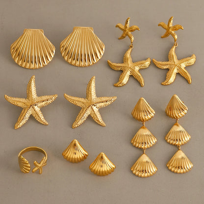 J&D Summer Design Stainless Steel 18K Gold Earrings Textured Shell Starfish Stud Earrings Rings Set