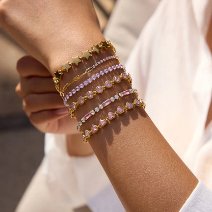 J&D 18K Gold Plate Stainless Steel Bracelet Classic Heart Pink Zircon Watch Strap Chain Tennis Bracelets