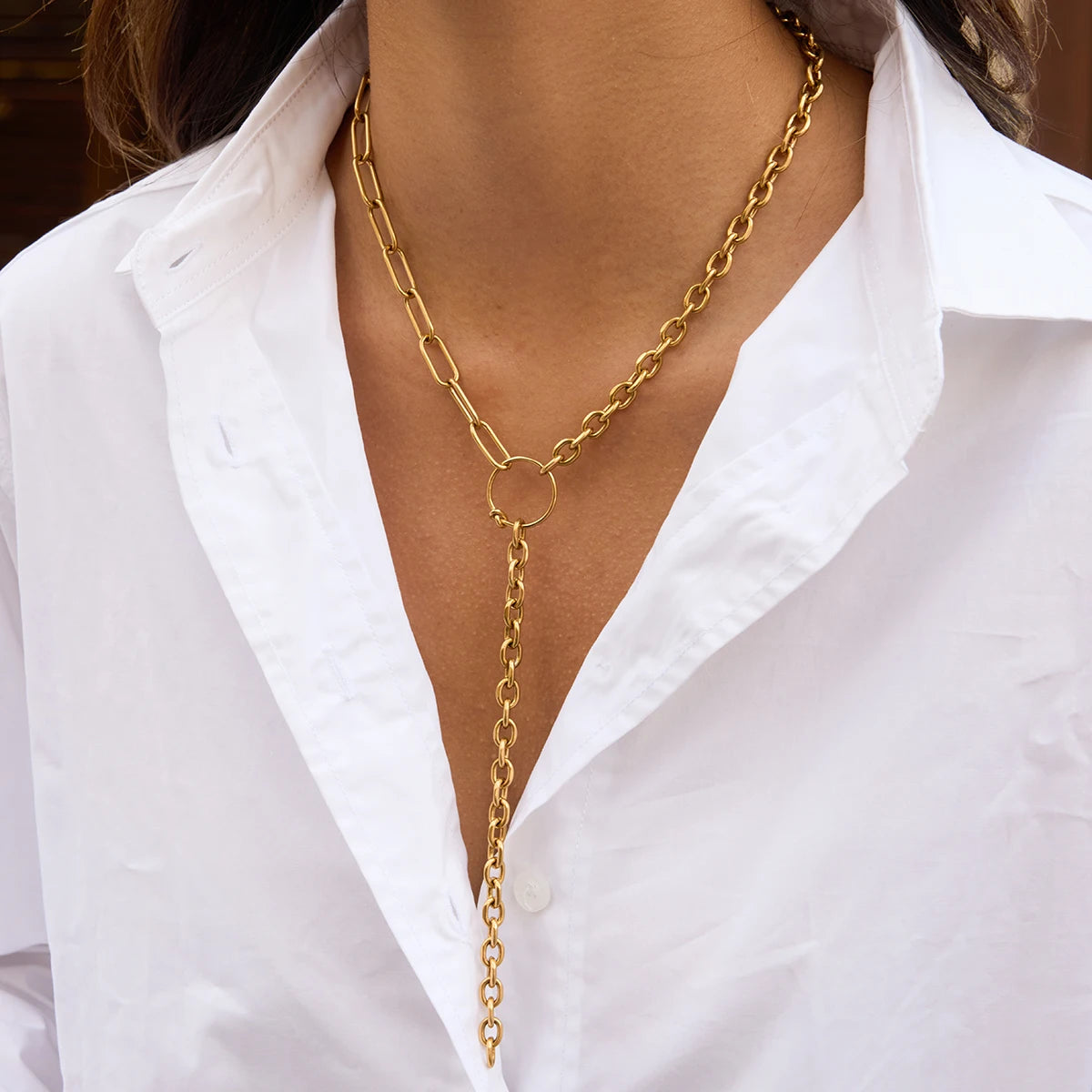 J&D Modern Linear Asymmetric Y Necklace for Women 18K Gold Plated Stainless Steel Linear Bar Pendant with Bold Chain Tassel