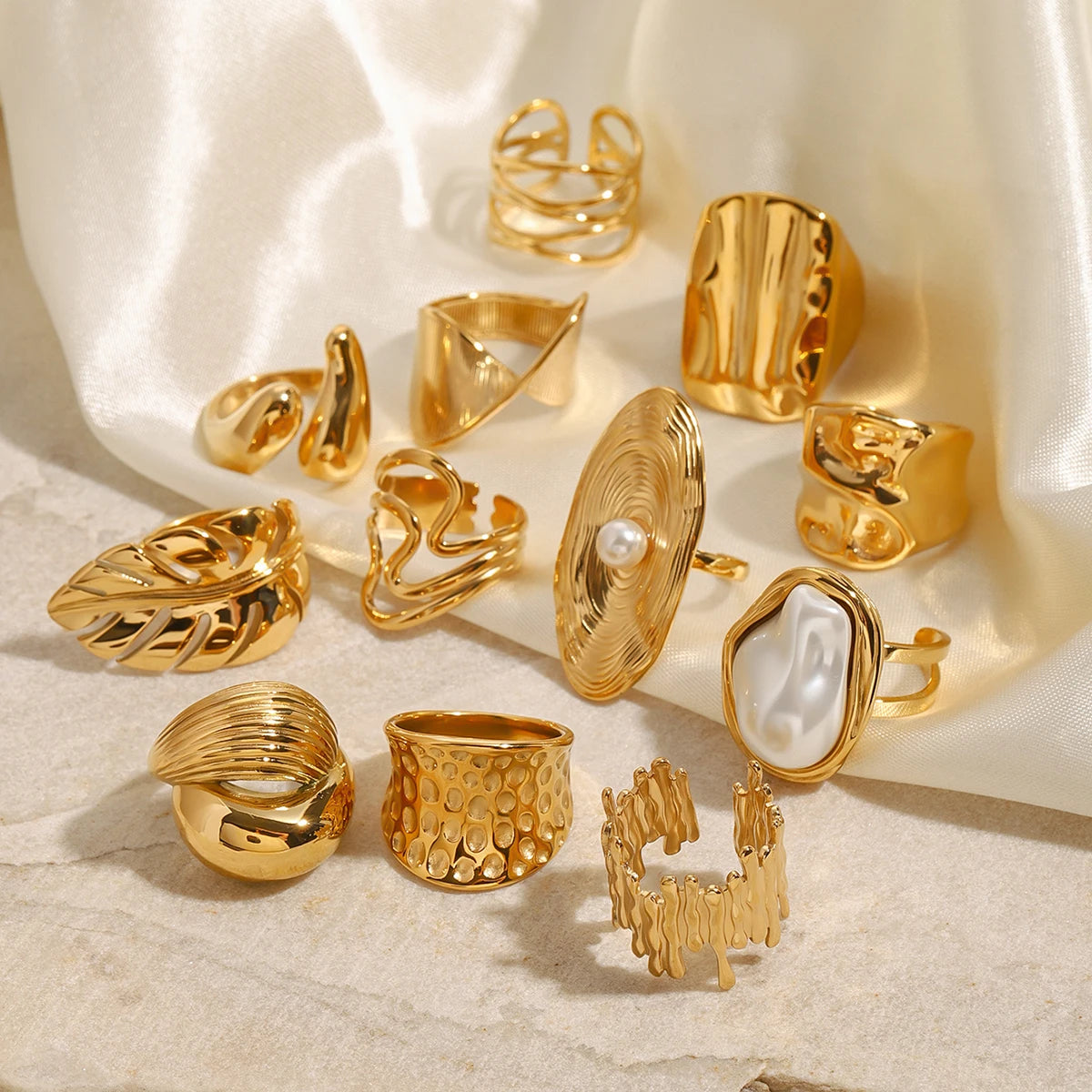 J&D Chunky Luxury Stainless Steel 18K Gold Plated Big Baroque Pearl Textured Irregular Rings