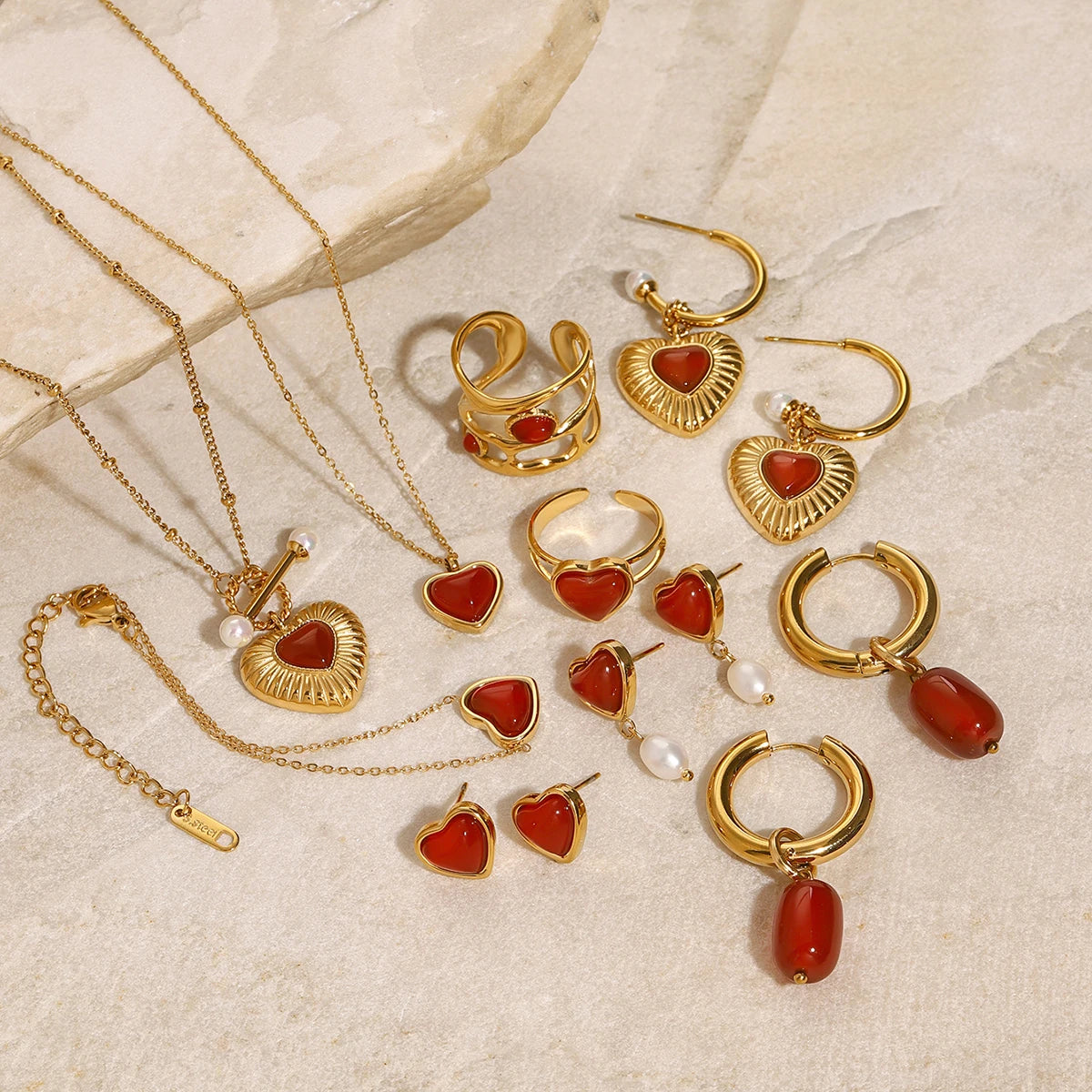 J&D Jewelry 18K Gold Stainless Steel Red Agate Natural Stone Pendant Necklace Rings Earrings Christmas Gift