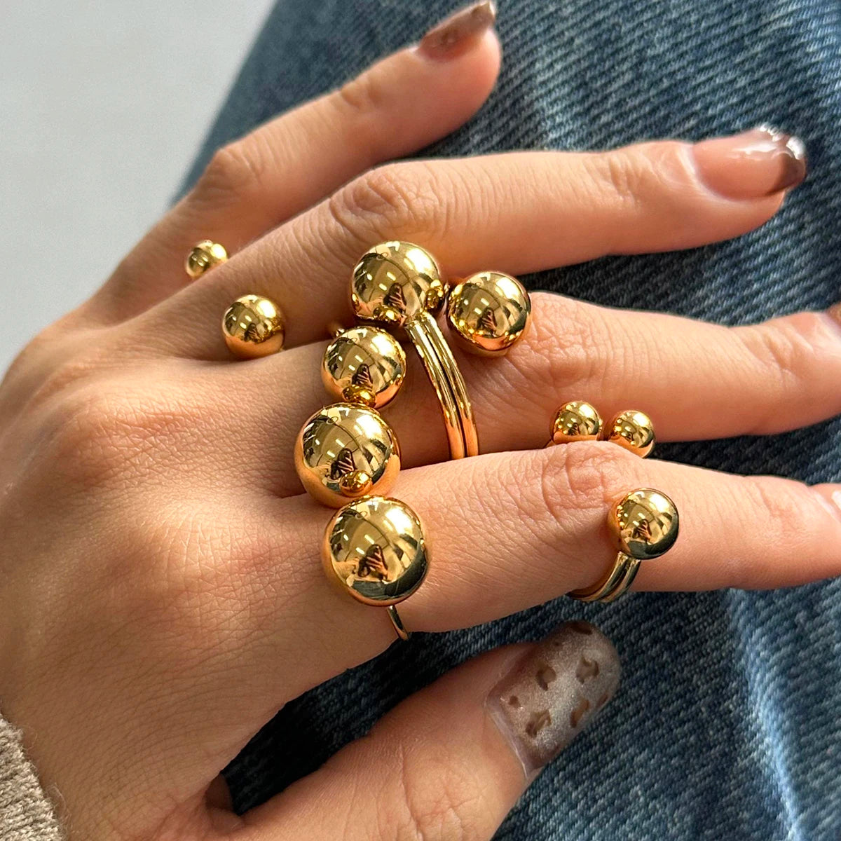 J&D Minimalist Jewelry 18K Gold Plated Ball Rings Stainless Steel  Metallic Ball Universe Design Chunky Opening Ring