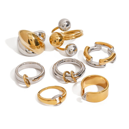 J&D Modern Chic 18K Gold Stainless Steel Rings Two-Tone Layered Ribbed Gold Silver Mixed Design Rings