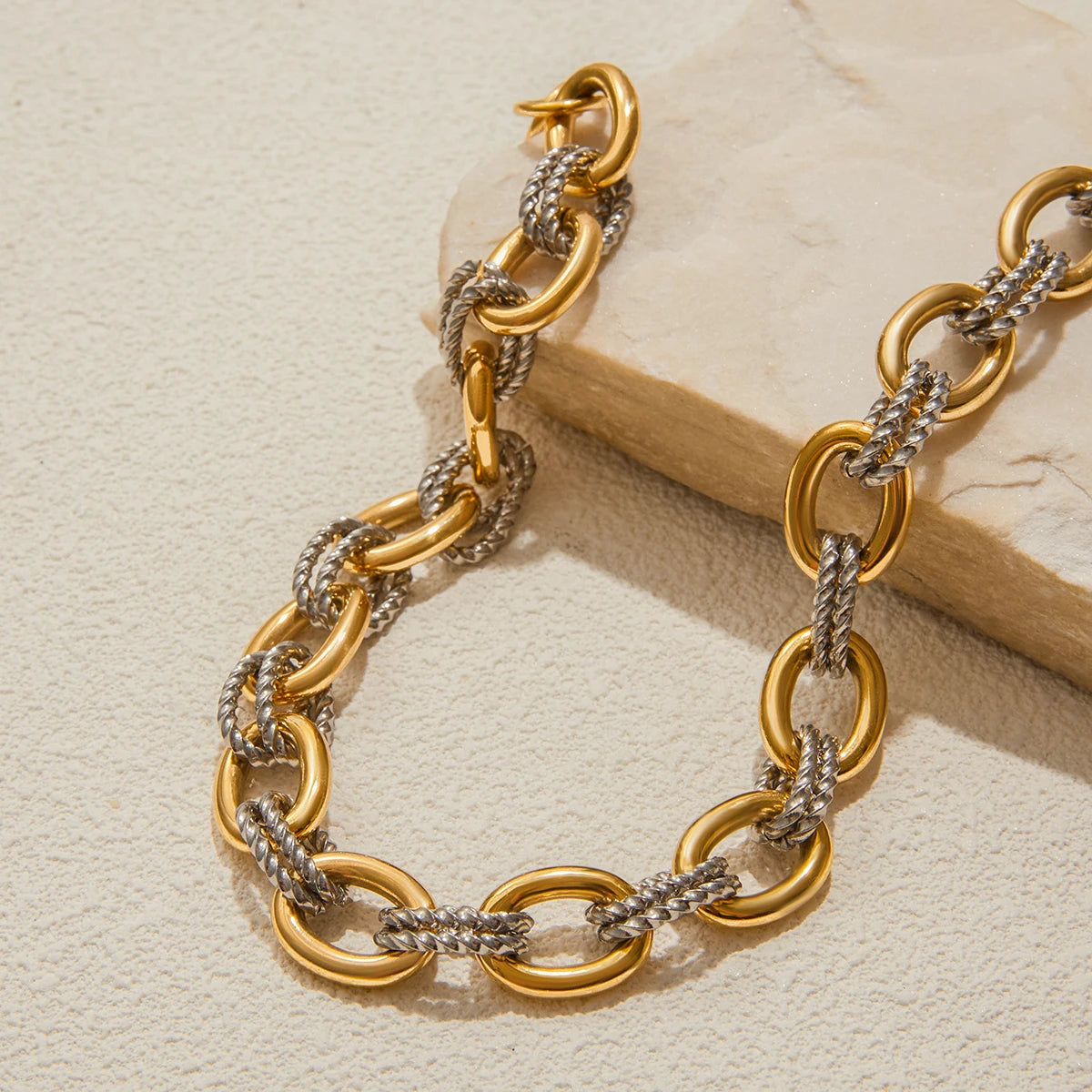 J&D Minimalist 18K Gold and Stainless Steel Two Tone Color Matching Oval Smooth Twist Bracelets Necklaces