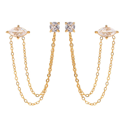 J&D Unique Design Stainless Steel Gold Earrings 18K Women Tassel Round Marquise Zirconia Chain Earrings