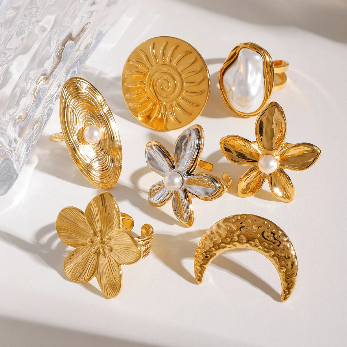 J&D Chunky Luxury Stainless Steel 18K Gold Plated Big Baroque Pearl Moon Sun Floral Irregular Rings